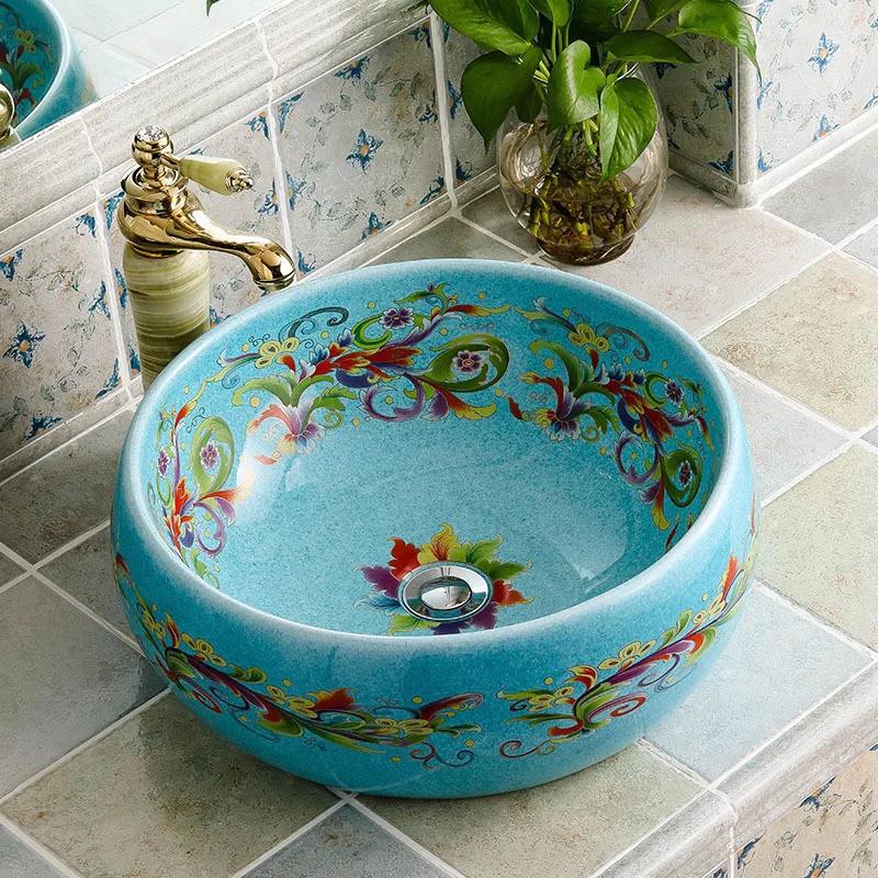 Green pattern flower porcelain bathroom vanity bathroom sink bowl countertop Round bathroom sink wash basin